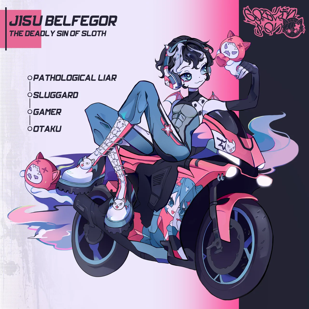 Jisu Belfegor's character sheet: Jisu in headphones, lounging on a pink motorbike. Traits: pathological liar, sluggard, gamer, otaku.