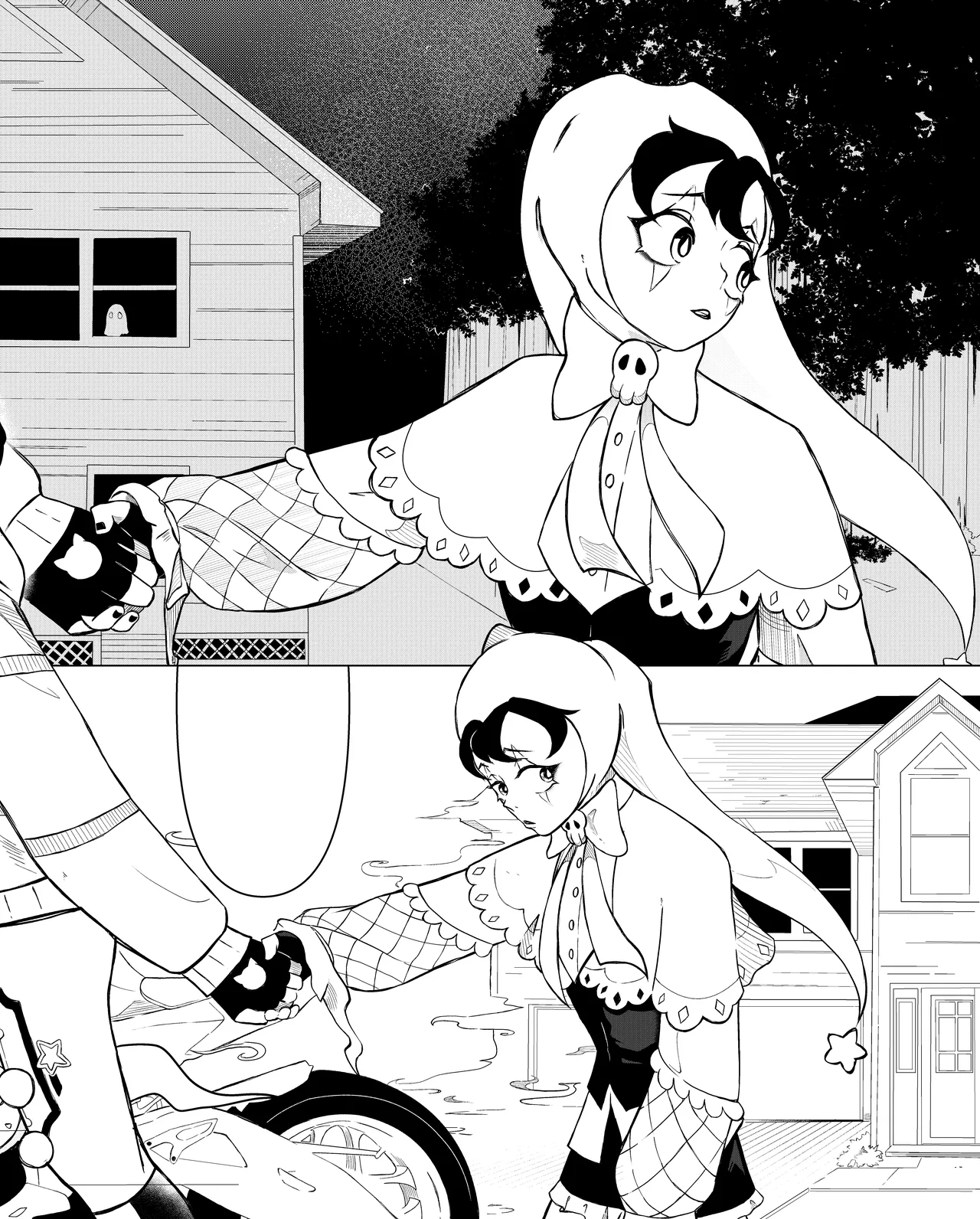 A black-and-white manga page: Yoku reaches for Jisu's hand on the bike.