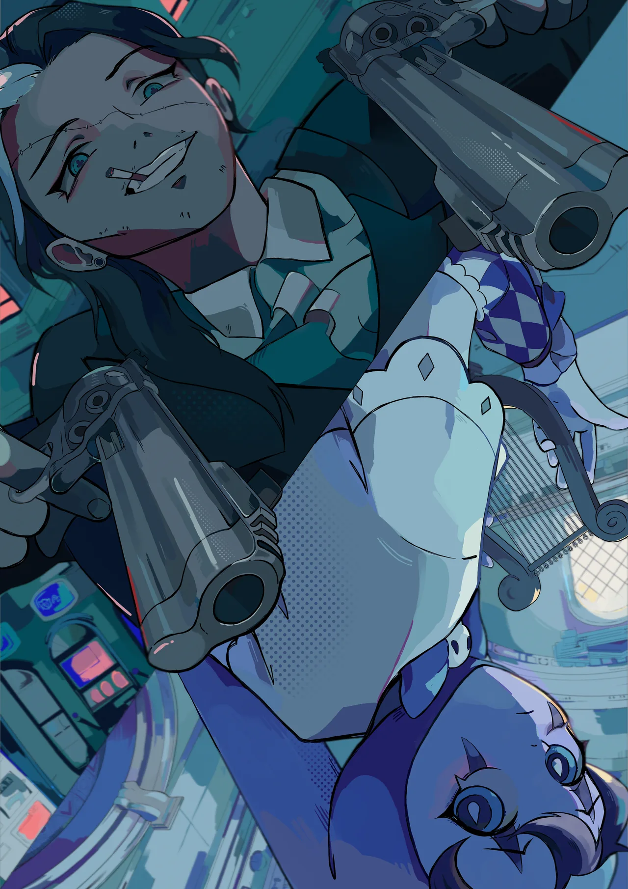 Cover art: Jisu aims two revolvers while Yoku hangs upside down beneath.