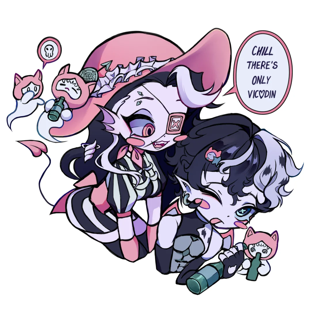 A demon girl in a wide pink hat and an eye patch leans on Jisu, cat-ghosts around them.