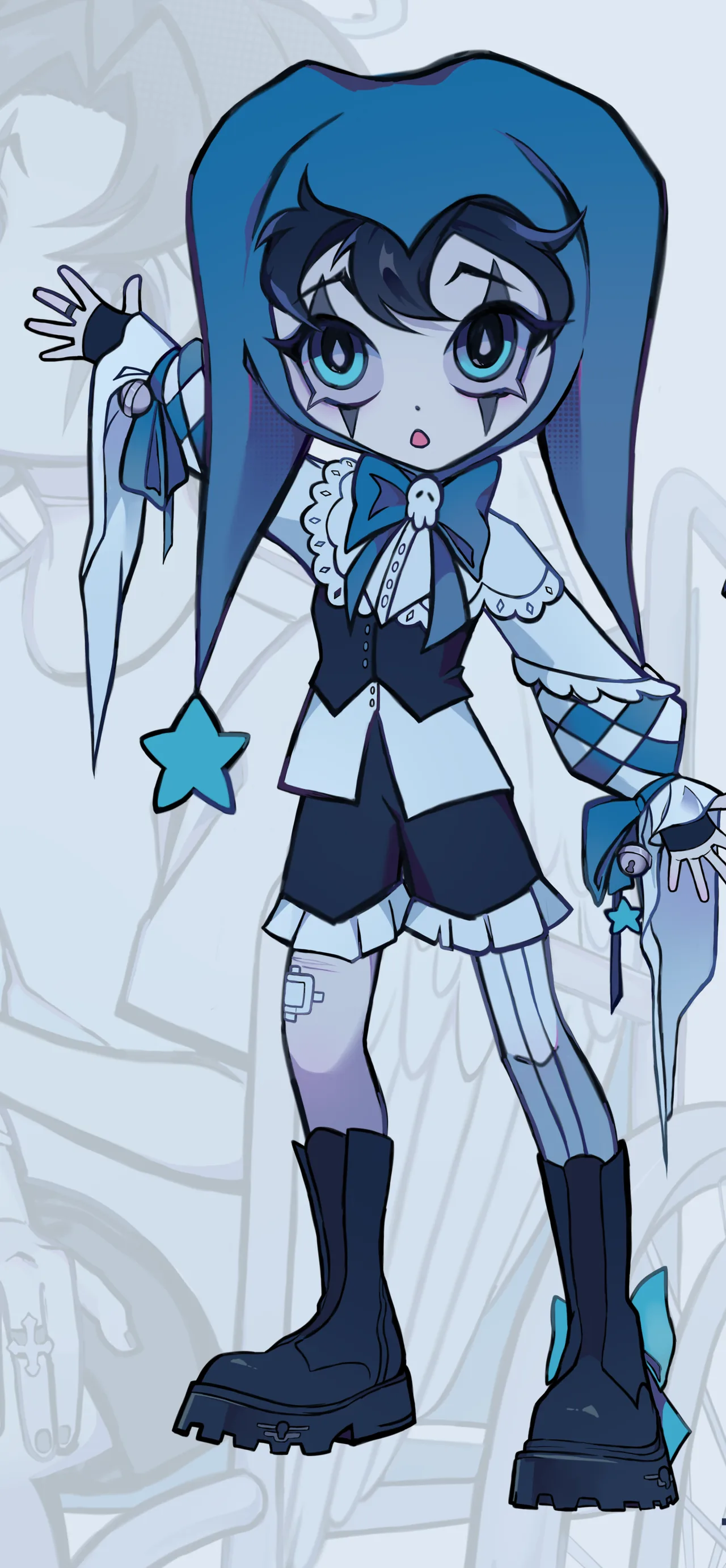 Yoku in a blue jester hood with a star on each point, harlequin sleeves and heavy boots.